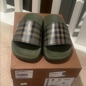 Burberry Olive and Black Check Slides